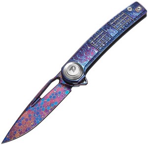Dreamtech Pivot Button Lock Pocket Knife Titanium Purple Damascus - DTK4129TF