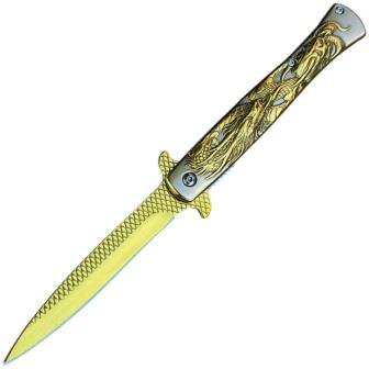 EE10A112GD ElitEdge Spring Assisted Opening Stiletto Linerlock Pocket Knife Gold