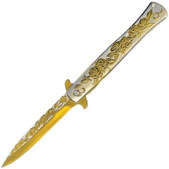 EE10A119GD ElitEdge Stiletto Linerlock Pocket Knife Spring Assisted Gold