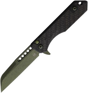 H213MGCF Heretic Jinn Button Lock Pocket Knife Green Carbon Fiber