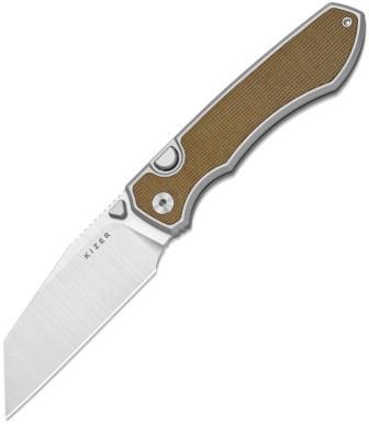 KI3738A1 Kizer Wharning Button Linerlock Pocket Knife Brown