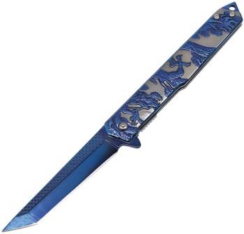EE10A134BL ElitEdge Linerlock Pocket Knife Spring Assisted Opening Dragon Blue