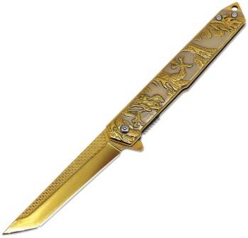 EE10A134GD ElitEdge Linerlock Pocket Knife Spring Assisted Opening Dragon Gold
