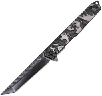 EE10A134SB ElitEdge Linerlock Pocket Knife Spring Assisted Opening Dragon Black Silver