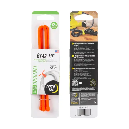 Nite-Ize Gear Tie Reusable Rubber Twist Tie Bright Orange 12 Inch 2 Pack - NIGT12-31-2R3 