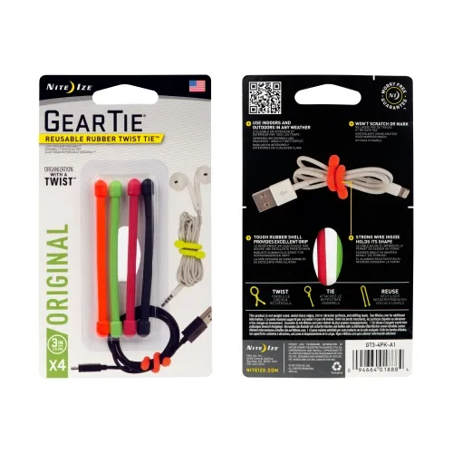 Nite-Ize Gear Tie Reusable Rubber Twist Tie Assorted 3 Inch 4 Pack - NIGT3-4PK-A1 