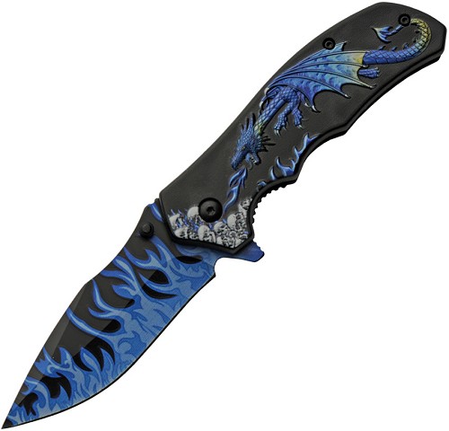 Rite Edge Dragon Flame Linerlock Pocket Knife Spring Assisted - CN300549BL 