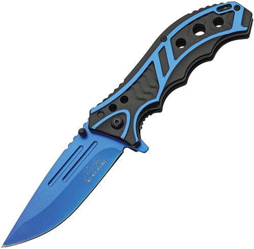Rite Edge Caution Linerlock Pocket Knife Spring Assisted Blue - CN300585BL 