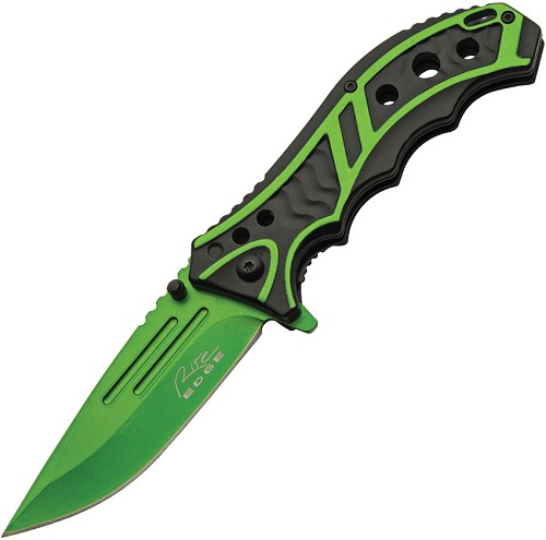 Rite Edge Caution Linerlock Pocket Knife Spring Assisted Green - CN300585GN 
