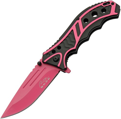 Rite Edge Caution Linerlock Pocket Knife Spring Assisted Pink - CN300585PK 