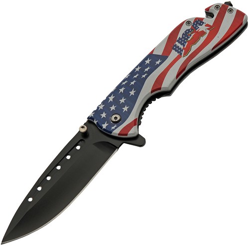Rite Edge Rescue Linerlock Pocket Knife Spring Assisted Flag - CN300601US 