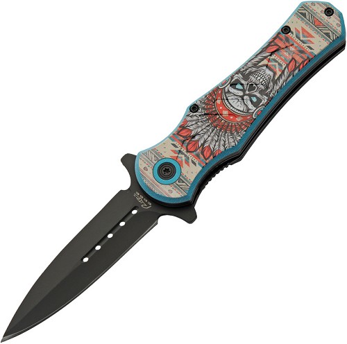 Rite Edge Headdress Linerlock Pocket Knife Spring Assisted Skull - CN300603SK 