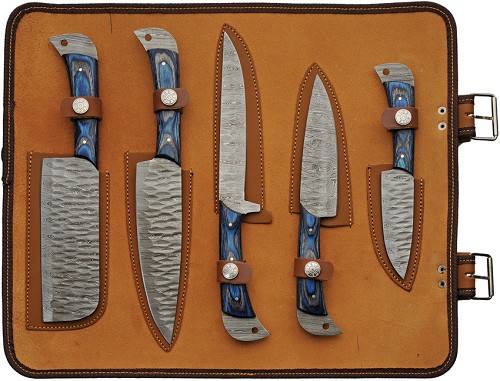 Damascus Umbra River Kitchen Knife Set with Roll - DM1397 