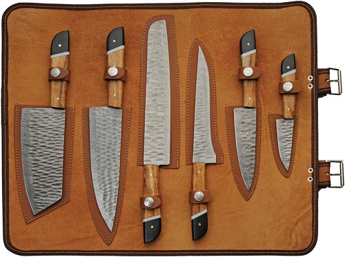Damascus Saddlewood Kitchen Knife Set with Roll - DM1398 